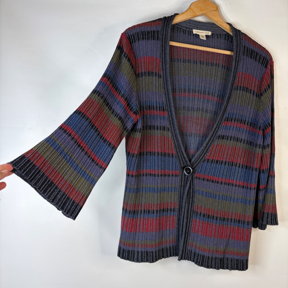 Coldwater Creek Cardigan Women L Blue Red Multi Stripe 3/4 Sleeve Ribbed Knit